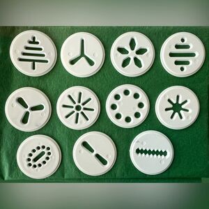 Cookie Press Holiday Baking Disk Set of 11 White Plastic‎ 2” Disks
